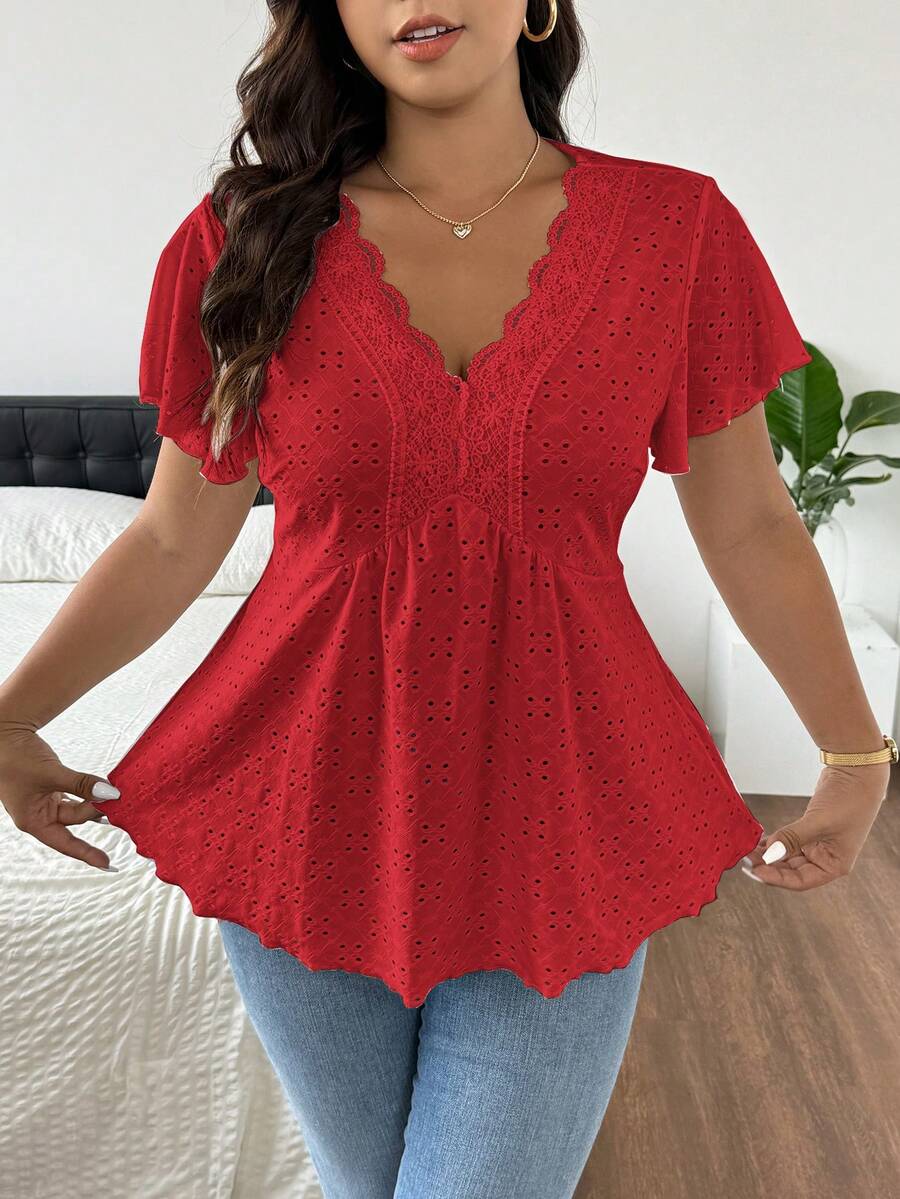 SHEIN Frenchy Plus Size Tie Dye Floral V-Neck Lace Patchwork Textured Women T-Shirt - Red - View 1