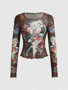 Betty Boop | ROMWE Seksowna, prześwitująca damska bluzka z długim rękawem i nadrukiem w stylu vintage z kreskówkowym portretem - Brązowy - Zobacz 1