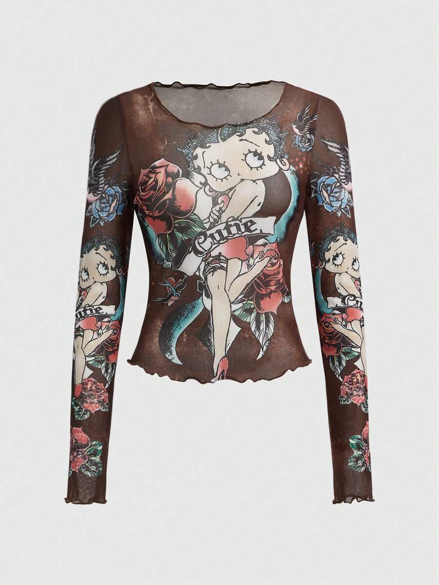 Betty Boop | ROMWE Seksowna, prześwitująca damska bluzka z długim rękawem i nadrukiem w stylu vintage z kreskówkowym portretem - Brązowy - Zobacz 1