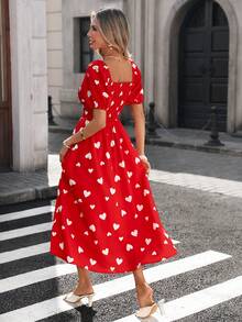 Pariaura Đầm dài tay ngắn xếp ly tối giản thanh lịch dành cho nữ cỡ lớn với họa tiết trái tim, thích hợp cho mùa xuân. - Đỏ - Xem 2