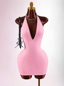 Amplova 女士性感字母刺绣露背吊带迷你连衣裙，夏季 - 粉色 - 查看 7