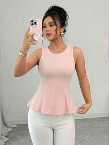 SHEIN Elenzya Sleeveless Round Neck Ruffle Hem Elegant Romantic Delicate Women Tank Top - Coral Pink - View 1