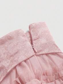 ROMWE Goth 情人节哥特式提花网纱蕾丝拼接蛋糕边低腰迷你裙 - 粉色 - 查看 4