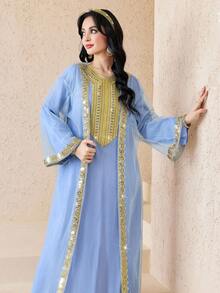 SHEIN Teen Girls Mist Blue & Light Blue, Gold Ribbon, Tassel, Spring/Summer, Vacation, Golden Lace Trim, Loose V-Neck Color Block Robe, Middle Eastern Arabic Style Long Dress, National Day Long Dress