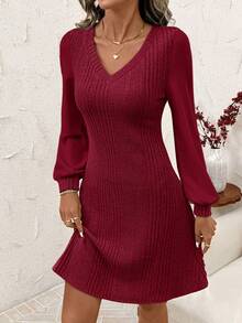 SHEIN Clasi 女士休闲拼接撞色长袖连衣裙，柔软抓绒针织迷你连衣裙，秋季必备 - 酒紅色 - 查看 6
