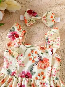 SHEIN 2件套女婴/幼儿可爱水彩花卉印花无袖连衣裙和发带套装，夏季 - 杏色 - 查看 3