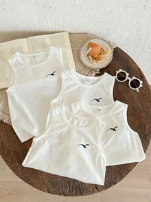 SHEIN Set de 4 camisetas de tirantes casuales y cómodas con gráfico de pájaro para niños, adecuadas para primavera/verano - Blanco - Ver 6