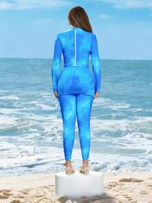 Swim Mulvari Traje de baño de una pieza con mangas largas, pantalones y falda de cobertura con estampado de teñido anudado para mujer de talla grande, conjunto de vacaciones - Multicolor - Ver 2