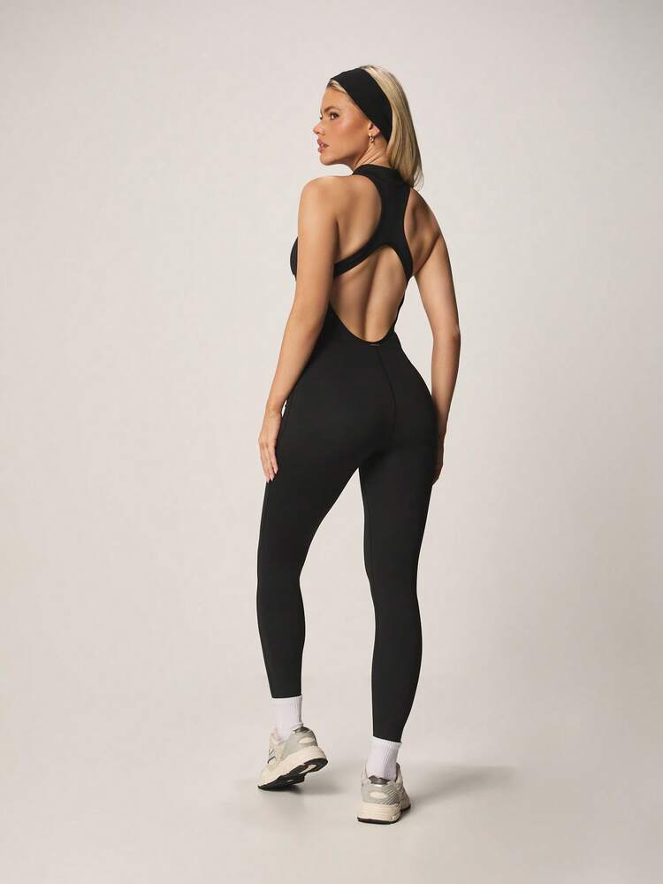 Missguided x Playboy Women High Neck Zipper Halter Active Jumpsuit With Cutout Back And Fitted Leggings For Gym Training