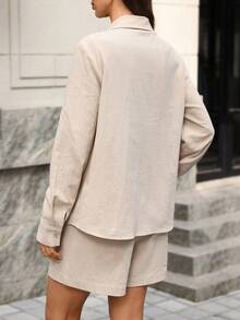 Editum Bộ đồ nữ mới thanh lịch gồm áo sơ mi và quần short màu trơn, thoải mái, thích hợp mặc hàng ngày và đi làm. - Màu be - Xem 6