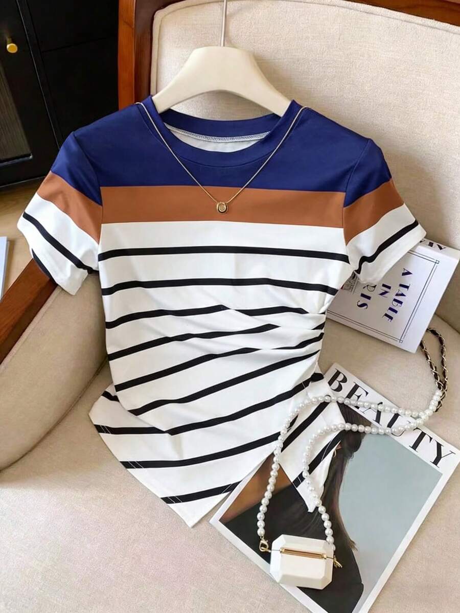 Resyla Women's New Arrival Colorblock Printed Round Neck Short Sleeve Fitted Casual T-Shirt, Spring/Summer - Multicolor - View 1