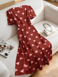SHEIN LUNE Elegantes rosa Sommer-Jubiläums-Kleid für Damen mit Herz-Design, französischer Chic, rot, mit Perlenbesatz, Puffärmeln, A-Linie, lang, mit Knopfleiste vorne, für den Valentinstag, für zierliche Damen - Bordeaux - Übersicht 2