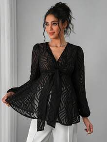 Momance 孕妇灯笼袖上衣，V领，双层设计，前襟蝴蝶结系带，A字下摆，提花织物