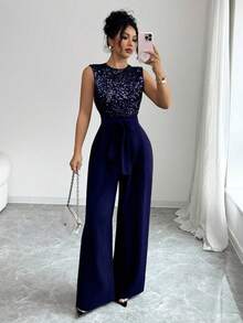 SHEIN Raffinéa 法式优雅度假连体裤，透视亮片拼接，后背拉链；腰部配有布腰带，泡泡袖褶皱设计，阔腿裤 - 藏蓝色 - 查看 3