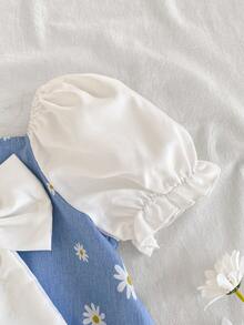 SHEIN Vintaside Kids 女孩知性优雅女士风格米色连衣裙，配大蓝色蝴蝶结，夏季休闲度假沙滩裙 - 藍色 - 查看 8