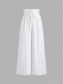 Sweetra Women's French Minimalist Casual High Waist Pleated Loose Flowy Wide Leg Straight Pants, Spring/Summer, White Pants,Casual Women Outfits White Linen Pants Set White Beach Pants - White - View 1