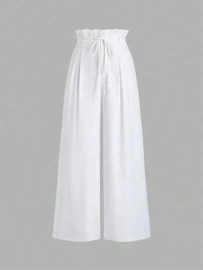 Sweetra Women's French Minimalist Casual High Waist Pleated Loose Flowy Wide Leg Straight Pants, Spring/Summer, White Pants,Casual Women Outfits White Linen Pants Set White Beach Pants