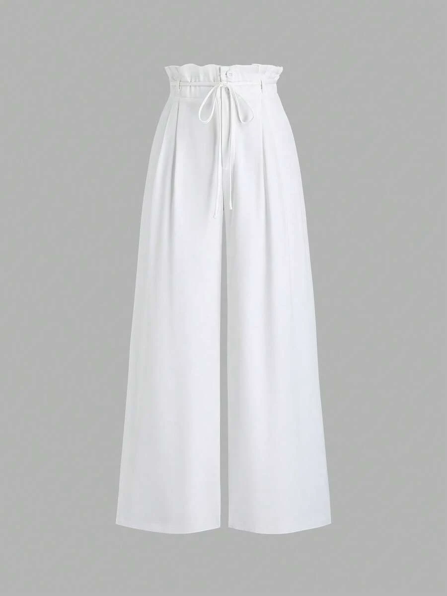 Sweetra Women's French Minimalist Casual High Waist Pleated Loose Flowy Wide Leg Straight Pants, Spring/Summer, White Pants,Casual Women Outfits White Linen Pants Set White Beach Pants - White - View 1