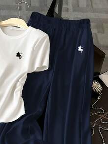 Resyla Women's Casual Everyday Commute Simple Versatile Embroidery Pattern Short Sleeve Pleated Fitted T-Shirt And Elastic Waist Wide Leg Pants 2 Pieces Set, Spring/Summer/Autumn - Multicolor - View 4