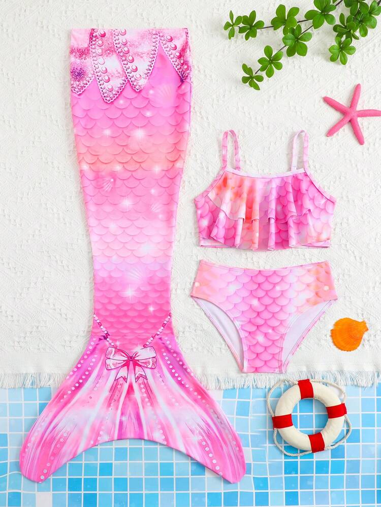 Sparklyn Young Girl Bikini Set, Girl Mermaid Proportion Printing Swimsuit Set, Randomly Printed Girl Mermaid Swimsuit Set, Girl Mermaid Swimsuit Suitable For Girl Swimsuits, Suitable For Git Children, Girl Mermaid Styling Swimsuit, Beach Vacation, Leisure Pool Party, Girl Swimsuit Set, Girl Cute Mermaid Swimsuit Set Girl Mermaid Swimwear Mermaid Bathing Suit For Girls Swimmming Costumes For Girl Kid Swim Sets Girls - Pink - View 3