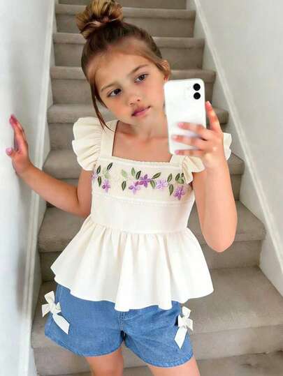 Young Girls 2pcs Set: Lace Embroidered Floral Sleeveless Top + Light Blue Bow Denim Shorts, Casual & Sweet For Daily Wear, Summer