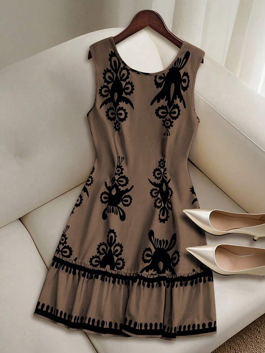 GlowEve Women's Summer Woven Sleeveless Round Neck Backless Tie-Up Floral Print Patchwork Ruffle Hem Short Dress, Random Print - Multicolor - View 1