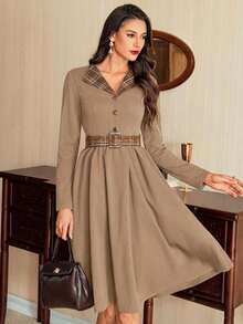 Vintamour 复古优雅派对女士连衣裙，带口袋、腰带、格子拼接撞色设计，休闲工作度假长款藏蓝色连衣裙，长袖格子领连衣裙，秋季连衣裙，系带连衣裙，女士秋季服装，女士秋季穿搭，女士秋季套装，女士冬季服装，女士圣诞节服装，女士圣诞节套装，沙特国庆日服装，女士优雅连衣裙，新年 - 棕色 - 查看 5