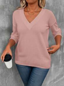 EMERY ROSE Plus Size Women V-Neck Casual Drop Shoulder Long Sleeve T-Shirt, Solid Color - Multicolor - View 3