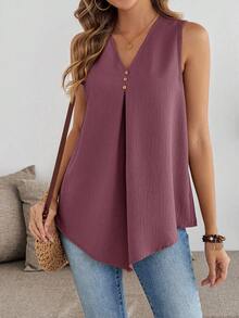 Rosumi 大码夏季休闲纯色纹理不对称下摆无袖衬衫，适合夏季假期、春假、情人节、嘉年华等场合，2026年女士海滩外出上衣 - 粉色 - 查看 3