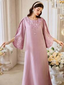 Al Najma Đầm dài tay đính đá kiểu Ả Rập dành cho nữ - Hồng - Xem 1