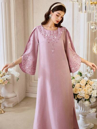 Al Najma Women's Long Sleeve Rhinestone Decorated Arabic Style Dress