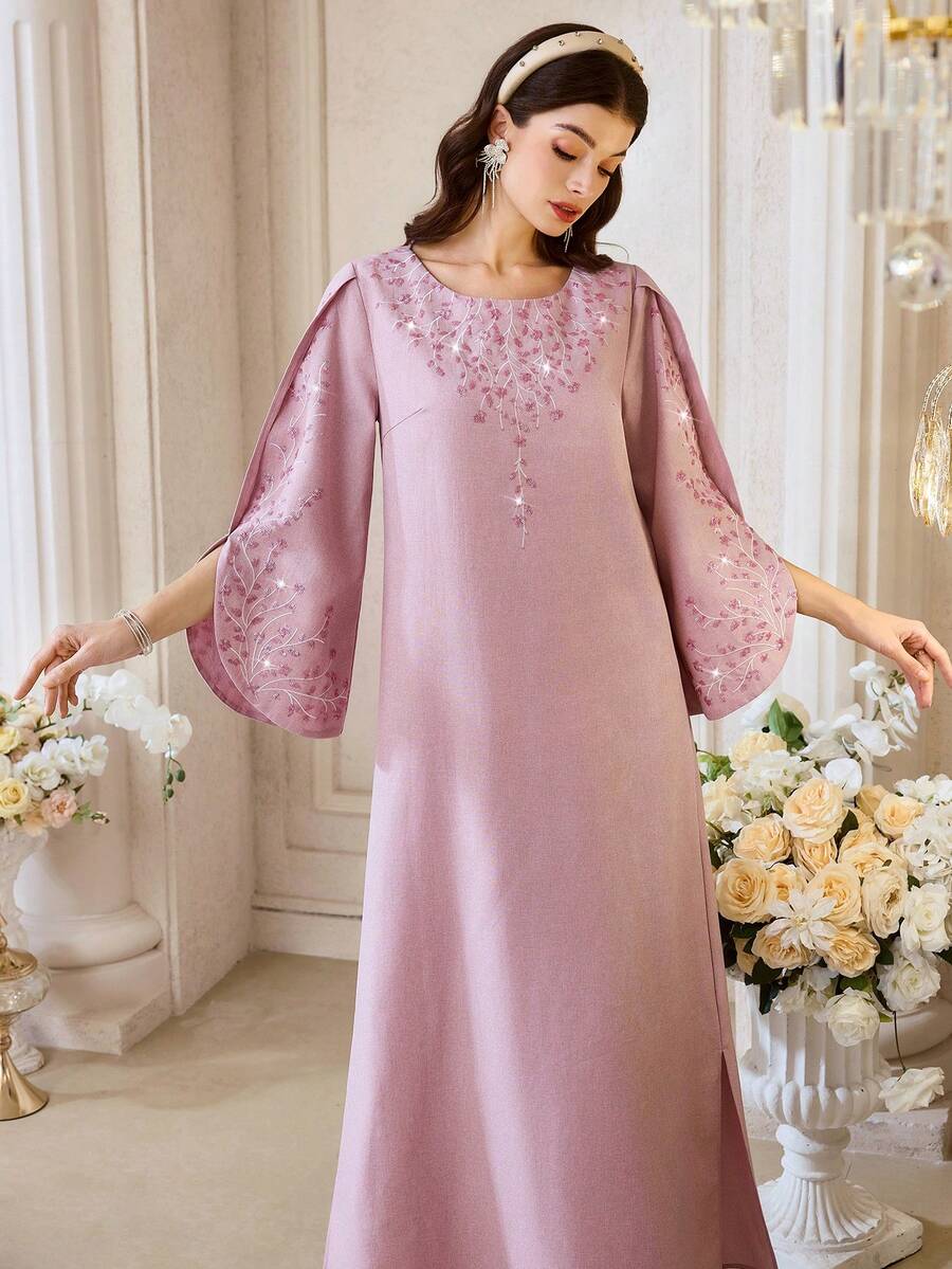 Al Najma Đầm dài tay đính đá kiểu Ả Rập dành cho nữ - Hồng - Xem 1