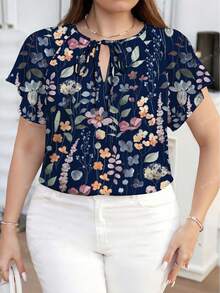 Reflora 大码女式荷叶边爱心装饰夏季衬衫 春季女装 春假女装 夏季女装 夏季度假女装 夏季女装 优雅女式衬衫 印花上衣 蓝色上衣 蓝色衬衫 外出上衣 女士外出上衣 优雅女式衬衫 花朵图案优雅女式衬衫 - 彩色 - 查看 8