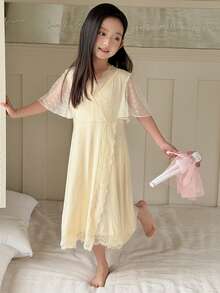 DAZY 少女夏季撞色蕾丝裹身睡裙