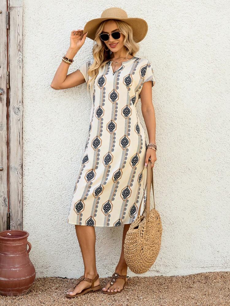 EMERY ROSE Vestido casual de mujer de longitud media con estampado vintage - Multicolor - Añade 4
