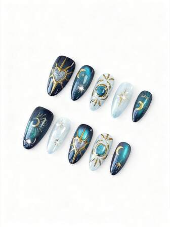 Fairycore 10 قطعة أظافر مزيفة مرسومة باليد بنجوم وقمر + 3 قطع لاصق ثنائي الجانب، أظافر فنية بشكل اللوز قابلة للإزالة عالية الجودة مزينة بحجر الراين والعين القطة اللون، مناسبة للمناسبات والأعياد والاستخدام اليومي