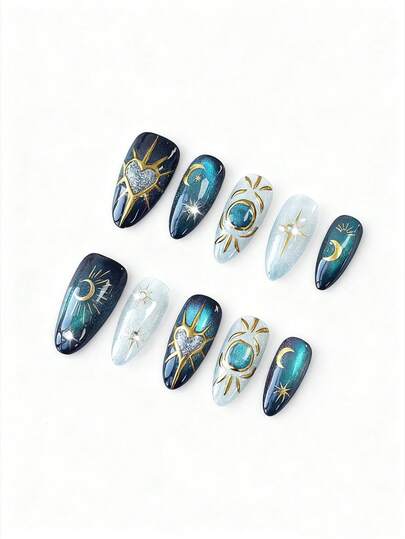 Fairycore 10 قطعة أظافر مزيفة مرسومة باليد بنجوم وقمر + 3 قطع لاصق ثنائي الجانب، أظافر فنية بشكل اللوز قابلة للإزالة عالية الجودة مزينة بحجر الراين والعين القطة اللون، مناسبة للمناسبات والأعياد والاستخدام اليومي