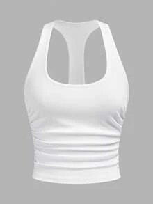 Slaydiva 早春新款，春夏音乐节，情人节，复活节休闲风，简约基础款，Y2K街头甜美风，畅销款，日常约会，辣妹风，性感运动风，返校季，U领，领口，后背镂空标签，侧褶，白色罗纹条纹针织上衣，女士背心 -A - 白色 - 查看 2