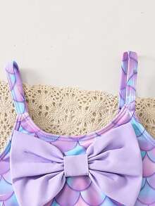 SHEIN 2pcs/Set Cute Mermaid Scale & Bow Decor Young Girl Swimsuit Set, Suitable For Beach Vacation