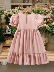 SHEIN Young Girl Woven Solid Color Round Neck Puff Sleeve Casual Dress Dusty Rose Dress Kids Kids Paris Dress Girls Puffy Sleeve Dress Girls Spring Autumn French Style Dress Mauve Dress For Kids Tea Party Dress Lilas Dress For Girls Girls Puff Sleeve Dress - Beige - View 7