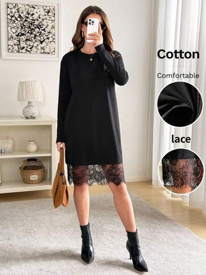 Easowa Women's Black Cotton Crew Neck Long Sleeve Short Dress With Lace Hem Comfortable Casual Style Stylish Ladies Black Cotton Mini Dress With Elegant Lace Trim Round Neck Long Sleeve Design Comfortable Women's Black Cotton Long Sleeve Short Dress Featuring Delicate Lace Detail Hem Fall Fashion Dresses For Women Long Sleeve Women Casual Dress Cotton Women's Clothing Knitted Dress For Women Cottagecore Dress  Spring Dress Women Valentine Outfits For Women New Year's Eve Dress Party Dresses For Women Black Dress