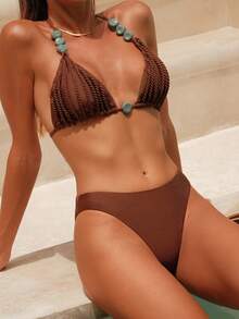 Swim Basics 时尚性感编织胸带纯色设计潮流沙滩比基尼套装，夏季 - 咖啡棕 - 查看 2