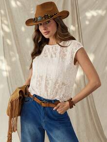 Wildy BOHO Casual Lace Women's T-Shirt, Suitable For Daily Wear, Commuting, Spring/Summer - Beige - View 7