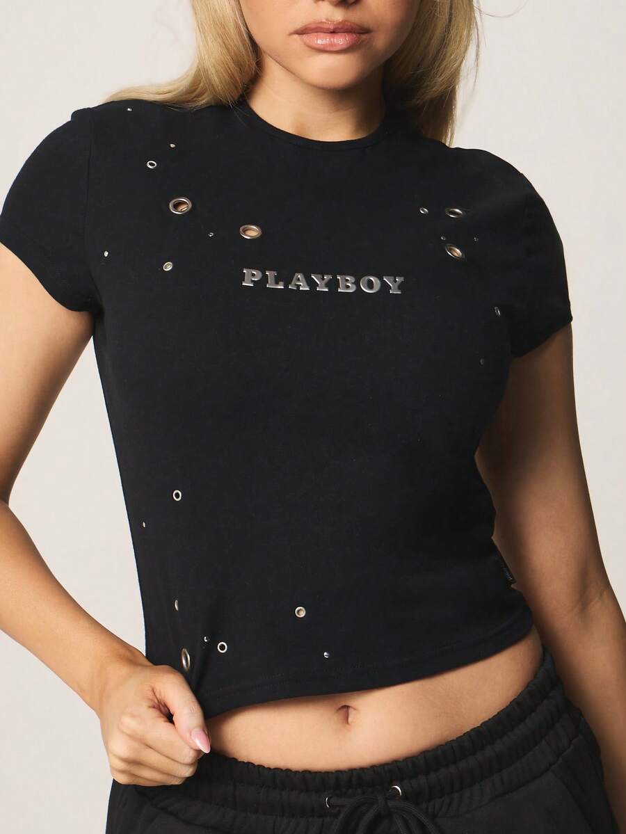 Missguided x Playboy Distressed Crop T-Shirt With Metal Eyelets And Grunge Details Short Sleeve Top - Black - View 1