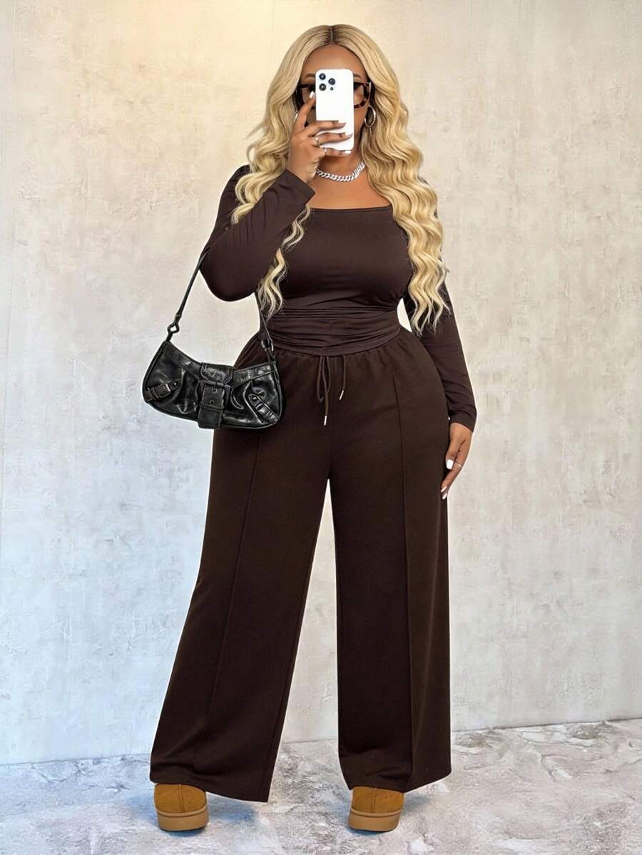 Slaydiva طقم قميص وبنطلون بلون أحادي للمقاسات الكبيرة، كاجوال للخريف/الشتاء - بني - مشاهدة 1