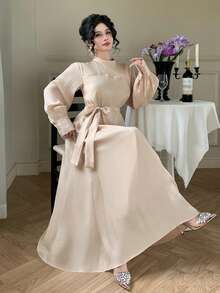 DAZY 女士优雅纯色立领系带袖腰带中长连衣裙，春夏吊带裙 - 杏色 - 查看 4