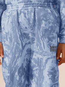 SUMWON Young 男童蓝色 Grunge 泼墨连帽衫和运动裤套装，休闲街头风都市舒适日常穿搭，适合度假。 - 霧霾藍 - 查看 6