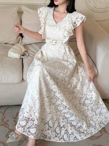 DAZY Luxury Beaded V-Neck Cap Sleeve Dress, Women's Mesh Embroidery Waist Slimming Flared Dress - Beige - View 1