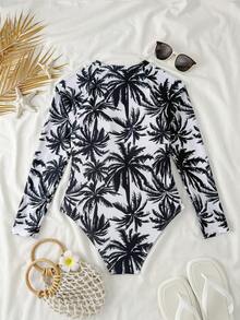 SHEIN Teen Girl Round Neck Raglan Sleeve Palm Tree Print One-Piece Swimsuit, Casual Summer - Black and White - View 3