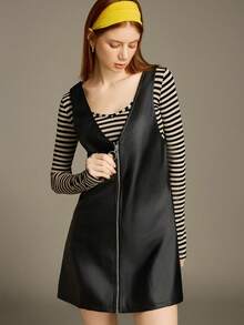 SHEIN ChicEase 女士纯色V领拉链PU皮革休闲无袖连衣裙 - 黑色 - 查看 5